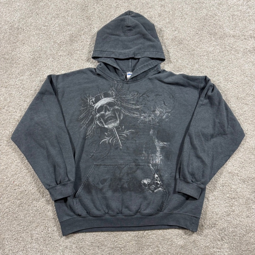 Gildan Heavy Blend Mens Large Skull Winged Crown Graphic Hoodie Charcoal Gray